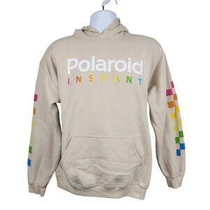 Polaroid Instant Hoodie Sweatshirt Sz Large Beige Rainbow Pixel Sleeve Logo